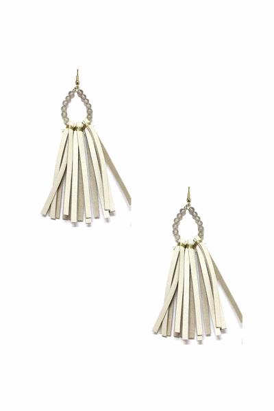 Genuine Leather Bead Teardrop Tassel Earring