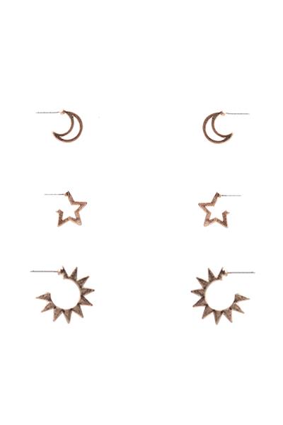 Metal Moon Star Sun Earring Set (3 Pairs)