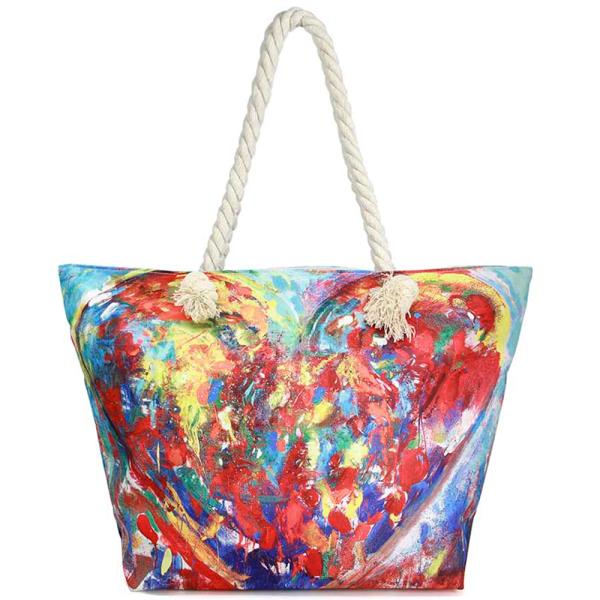 FASHION CANVAS HEART PRINT BEACH BAG