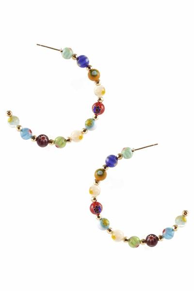 Resin Multi Flower Print Bead Open Hoop Earring