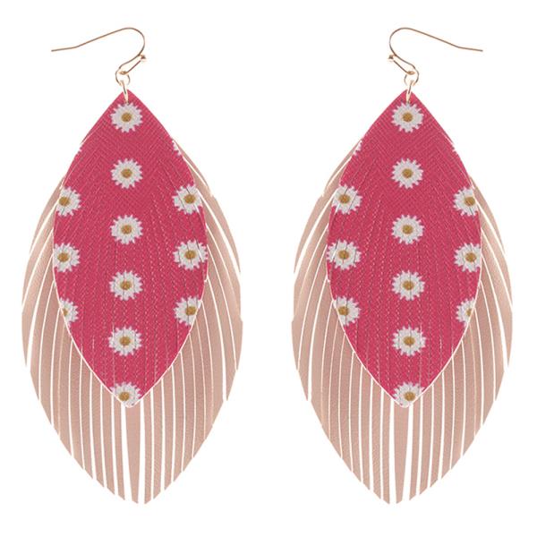 Two Tone Flower Print Leather Leaf Dangle Earring