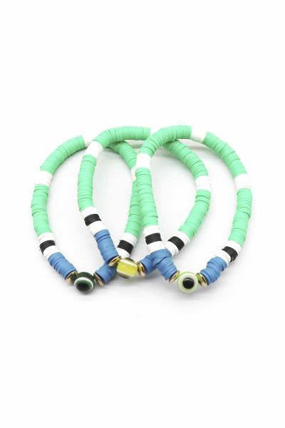 Rubber Disc Evil Eye Bead Bracelet 3 Pc Set