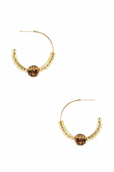 METAL RING BEAD RHINESTONE BALL HOOP EARRING
