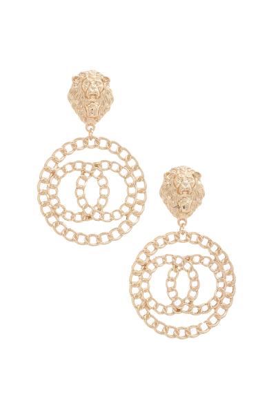 Lion Head Chain Circle Post Drop Earring