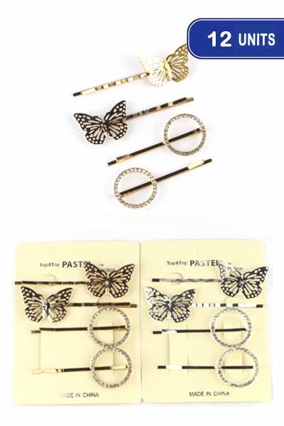 FASHION METAL BUTTERFLY RHINESTONE ROUND HAIR PIN 4 PC SET (12 UNITS)