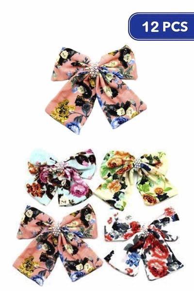 FASHION FLOWER PRINT RIBBON HAIR PIN (12 UNITS)