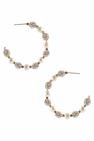 PEARL RHINESTONE BALL HOOP EARRING