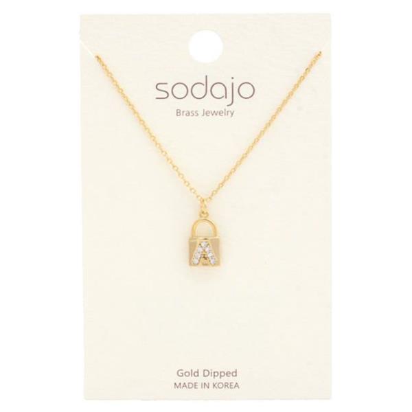 SODAJO RHINESTONE INITIAL LOCK CHARM GOLD DIPPED NECKLACE