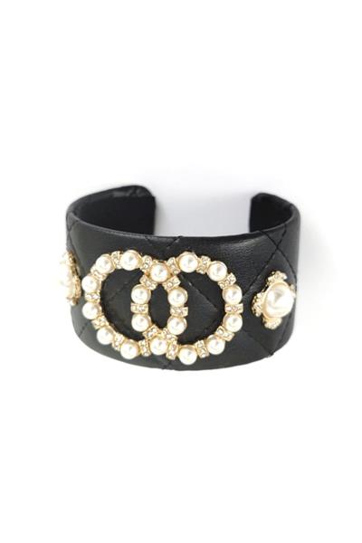 Pearl Double Studded Faux Leather Cuff Bracelet