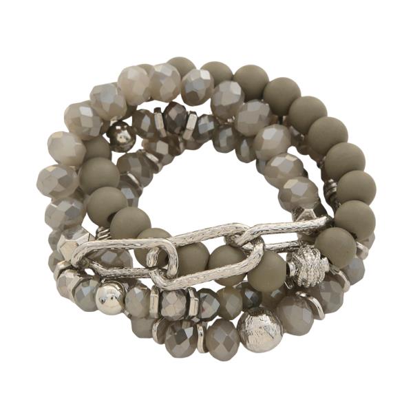 Crystal Wood Metal Bead Stretch Multi Bracelet