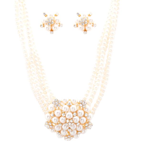 Pearl Rhinestone Cluster Beaded Necklace