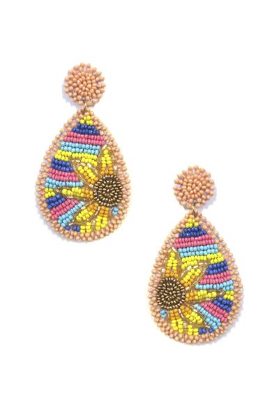 Seed Bead Sunflower Teardrop Dangle Earring