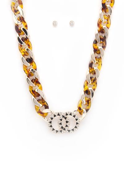 DOUBLE CIRCLE ACETATE METAL CURB LINK NECKLACE