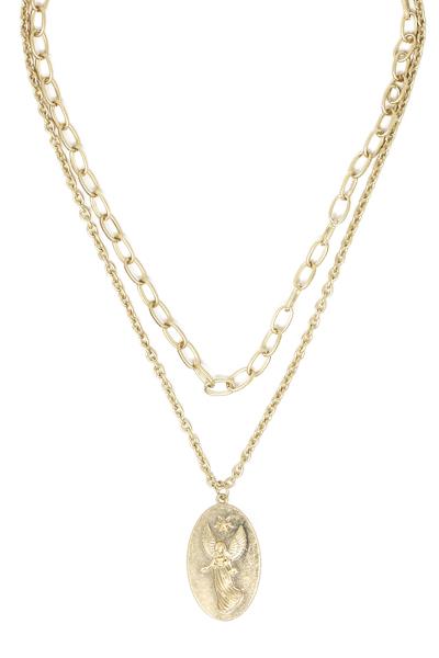 2 LAYERED METAL CHAIN ANGEL PENDANT NECKLACE