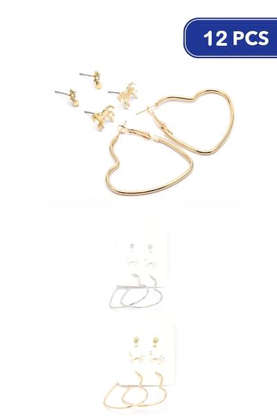 FASHION METAL STUD HOOP EARRING 3 PAIR SET (12 UNITS)