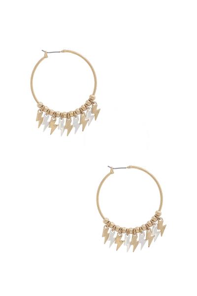 TWO TONE LIGHTNING BOLT CHARM HOOP EARRING
