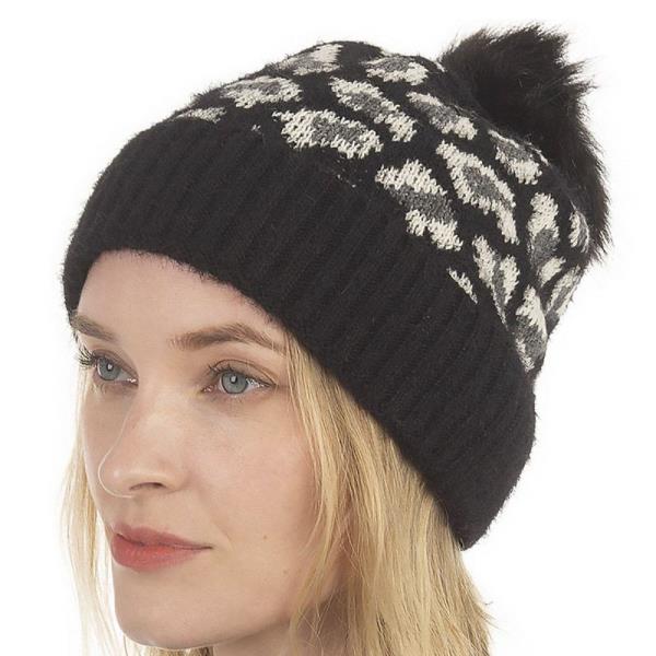 LEOPARD PATTERN BEANIES WITH POM