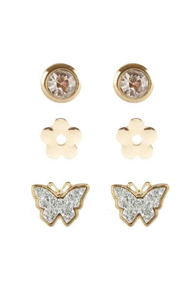 RHINESTONE GLITTER FLOWER BUTTERFLY STUD EARRING 3 PAIR SET