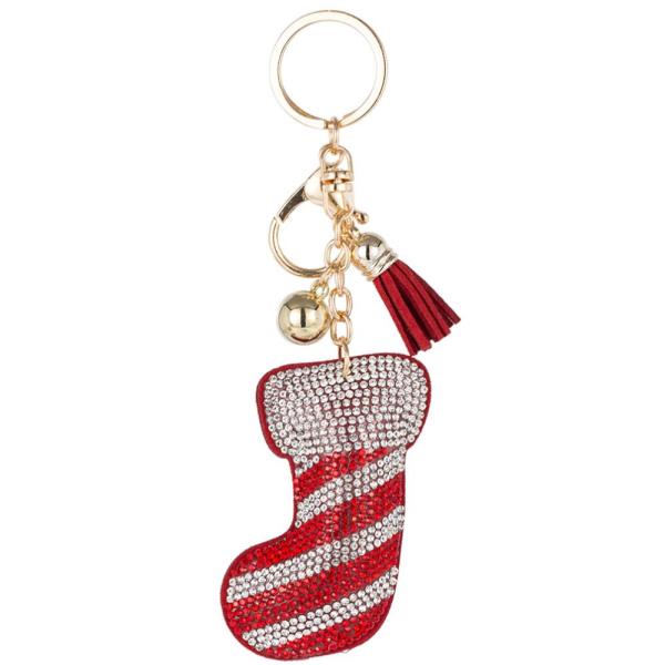 CHRISTMAS RHINESTONE SANTA CLAUS SOCKS TASSEL KEY CHAIN