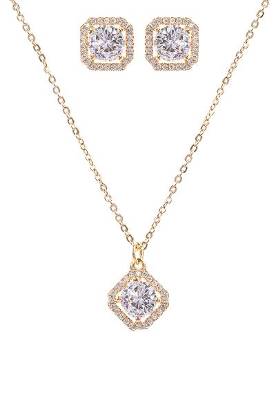 CUBIC ZIRCONIA RHINESTONE SQUARE PENDANT NECKLACE EARRING SET
