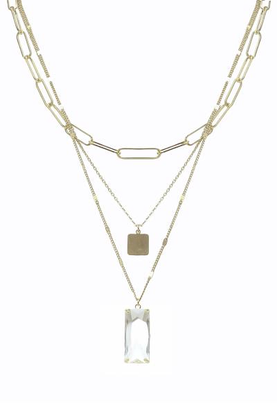 3 LAYERED METAL CHAIN RESIN PENDANT NECKLACE