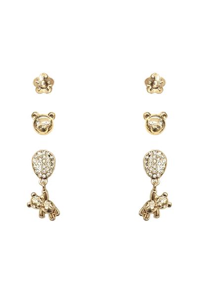 RHINESTONE BEAR STUD EARRING 3 PAIR SET