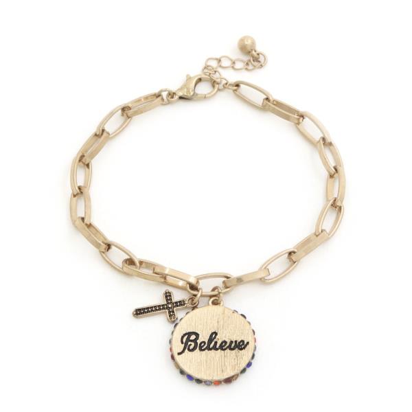 Believe Coin Cross Charm Oval Link Bracelet