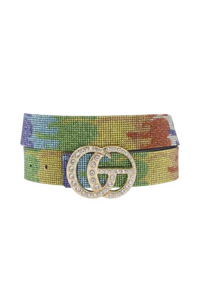 RAINBOW DRIP PRINTED RHINESTONE BUCKLE BELT