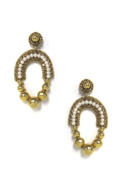 RHINESTONE PEARL METAL BALL OVAL DANGLE EARRING
