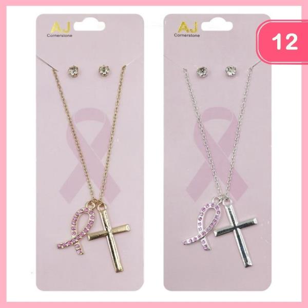 FASHION BREAST CANCER PINK RIBBON DAY & CROSS PENDANT NECKLACE (12 UNITS)
