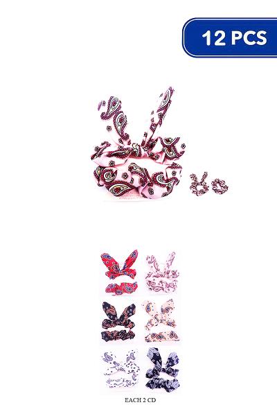 FASHION PRINT DESIGN BUNNY EAR 2 PC HAIR SCRUNCHIES SET (12 UNITS)