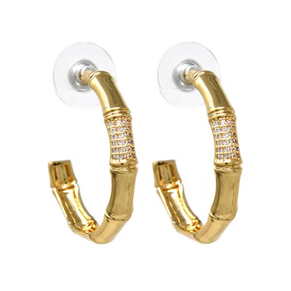 METAL RHINESTONE BAMBOO PUFFY HOOP EARRING