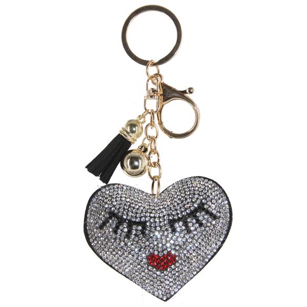 RHINESTONE EYELASH HEART FACE WITH TASSEL KEY CHAIN