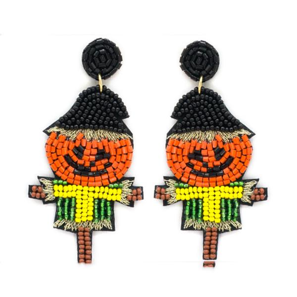 SEED BEAD HALLOWEEN  SCARECROW PUMPKIN HEAD BEADED DROP EARRING