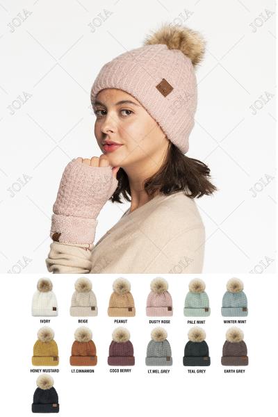 CC HAT SMOCKED STITCH PATTERN BEANIE WITH POM