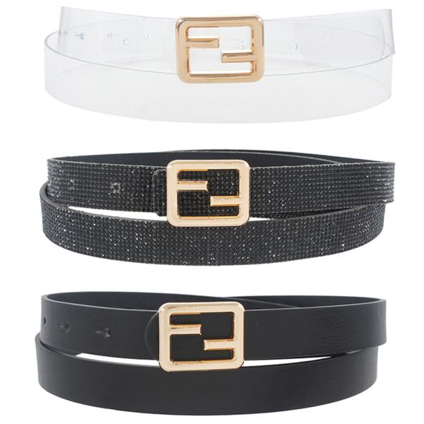 2 PU 1 Rhinestone Strap Buckle Trio Skinny Belt