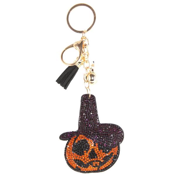 RHINESTONE HALLOWEEN PUMPKIN WITCH HAT TASSEL KEY CHAIN
