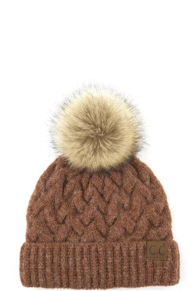 CC HAT CHUNKY BRAID CABLE PATTERN HAT WITH NATURAL POM