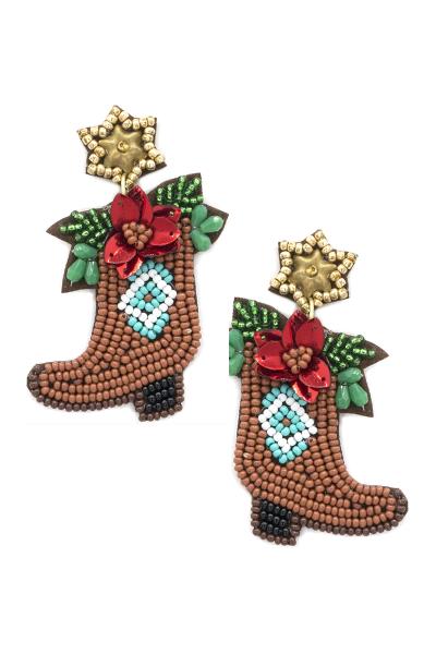 CHRISTMAS SEED BEAD WESTERN STYLE BOOTS DANGLE EARRING