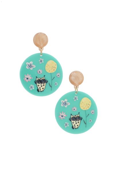 Owl Flower Pattern Disc Dangle Earring