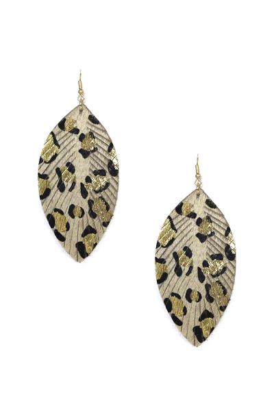 Leather Leopard Print Leaf Dangle Earring