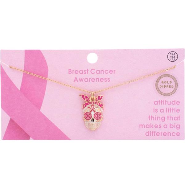 PINK RIBBON SUGAR SKULL BREAST CANCER AWARENESS CHARM NECKLACE