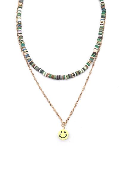 Multi Disc Chain Smiley Pendant Double Necklace