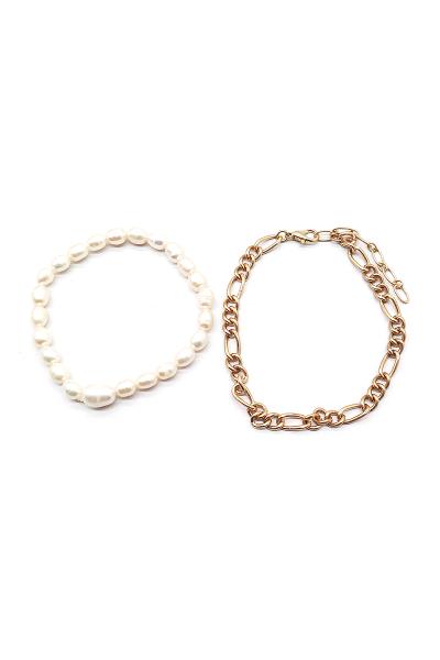 Metal Chain Link Pearl Shaped Bracelet Set