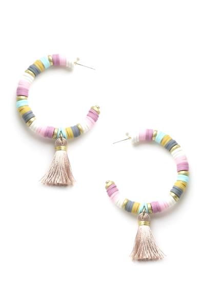 Rubber Disc Bead Tassel Dangle Hoop Earring