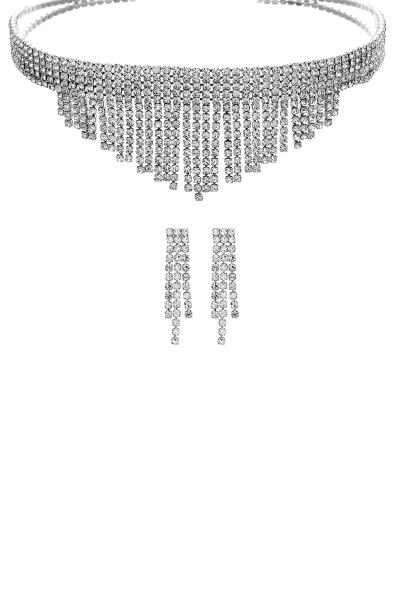 Rhinestone V Shape Choker Necklace Earring Set