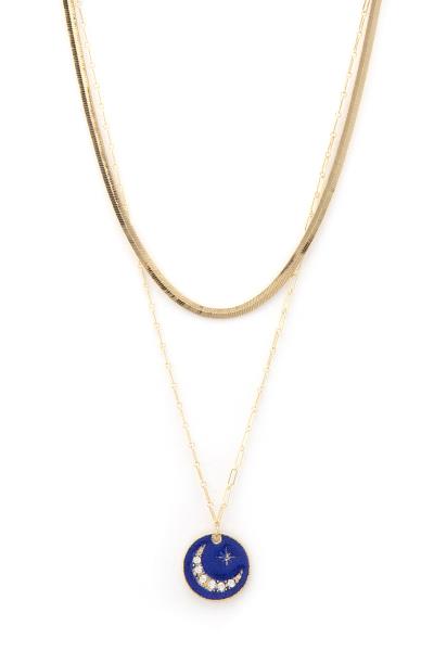 HERRINGBONE LAYERED MOON COIN PENDANT NECKLACE