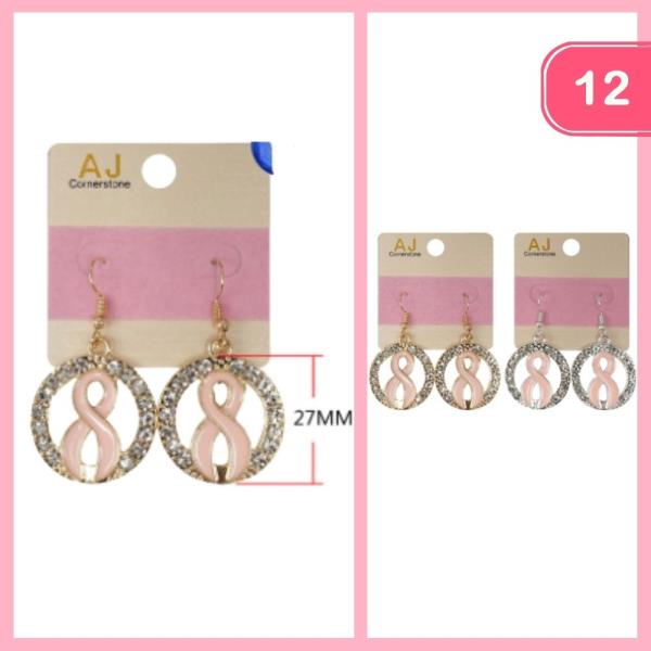 FASHION BREAST CANCER RHINESTONE PINK RIBBON ROUND DANGLE EARRING (12 UNITS)