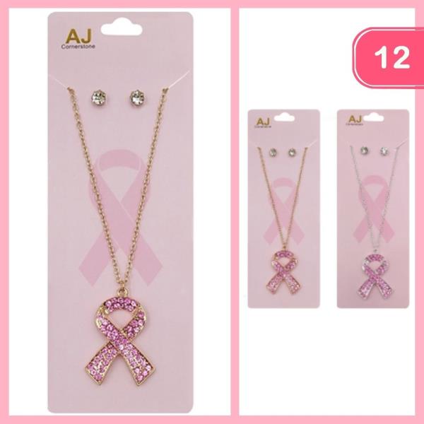 FASHION BREAST CANCER PINK RIBBON PENDANT NECKLACE (12 UNITS)