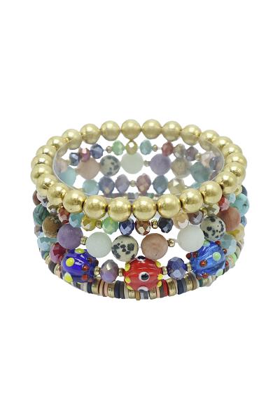 Crystal Stone Metal Rubber Disc Bead Bracelet Set